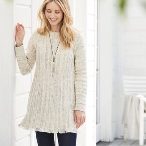 J.Jill Marled Knit Tunic Sweater Women’s XS Gray Beige Fringe Hemp Button-Back